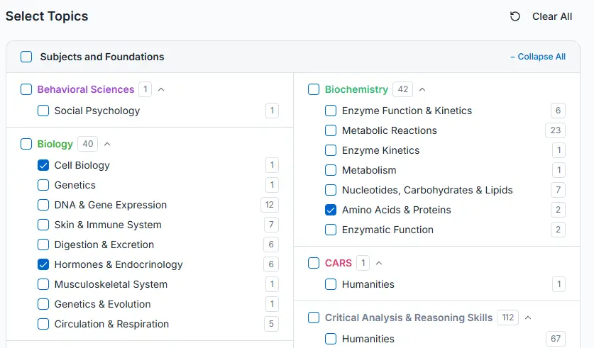Topic selection filter showing all MCAT subjects and subtopics